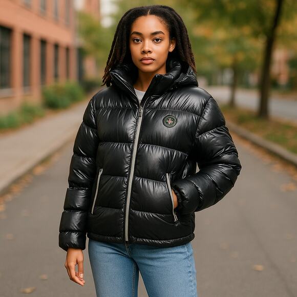 VIntage Maui & Sons Black Puffer Jacket Detachable Hood Retro Full Zip Womens XL - Picture 1 of 10